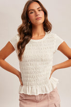 Load image into Gallery viewer, White Ruched &amp; Ruffled Crew Neck Top
