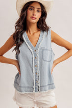 Load image into Gallery viewer, Button Down Raw Seam Sleeveless Denim Top
