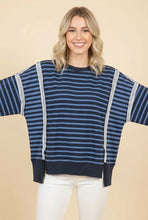 Load image into Gallery viewer, Navy Oversized Striped Sweatshirt W/ Seams
