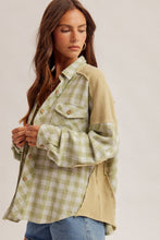 Load image into Gallery viewer, Sage Oversized Mixed Fabric Button Down
