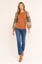 Load image into Gallery viewer, Rust Knit Top With Sheer Floral Sleeves
