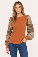 Load image into Gallery viewer, Rust Knit Top With Sheer Floral Sleeves
