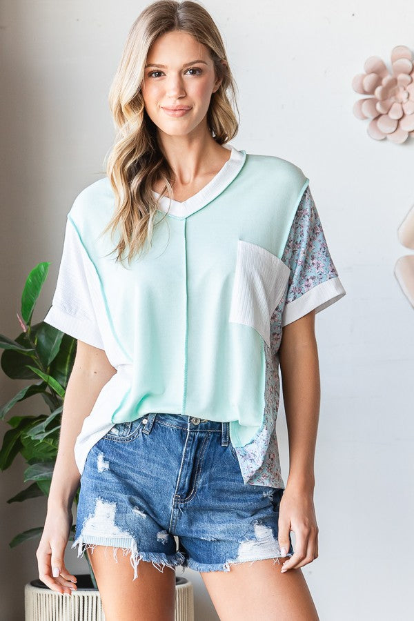 Plus Mint Color Block Floral V-Neck Top