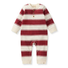 Load image into Gallery viewer, Gender Neutral Brick Red Rugby Peace Stripe Baby Jumpsuit
