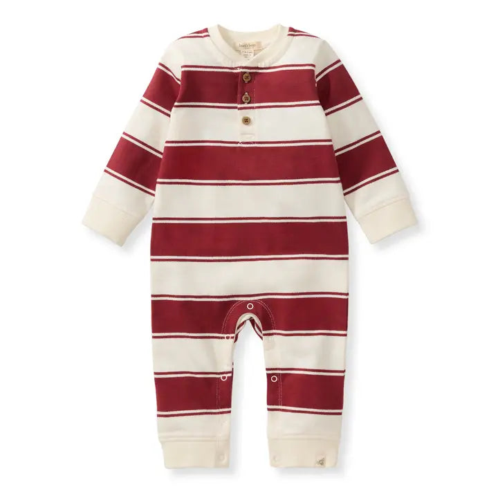 Gender Neutral Brick Red Rugby Peace Stripe Baby Jumpsuit