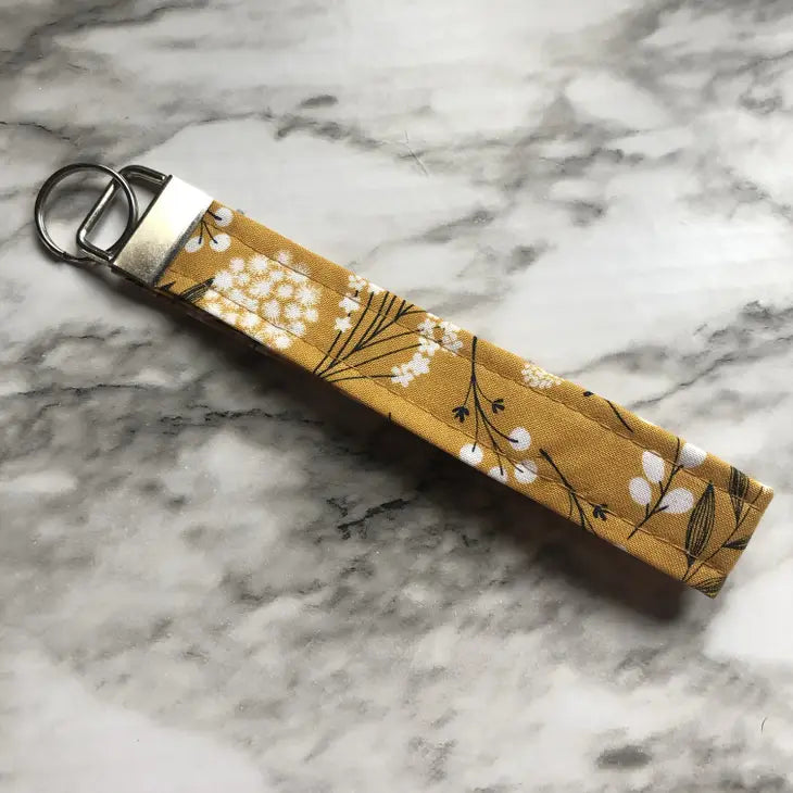 Mustard Floral Print Fabric Keychain - Key Fob