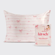 Load image into Gallery viewer, Holiday Satin Pillowcase in Striped Bows

