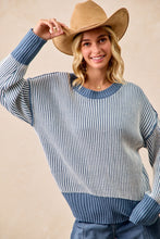 Load image into Gallery viewer, Two Tone Rib Knit Relaxed Fit Sweater Top - DUSTY BLUE

