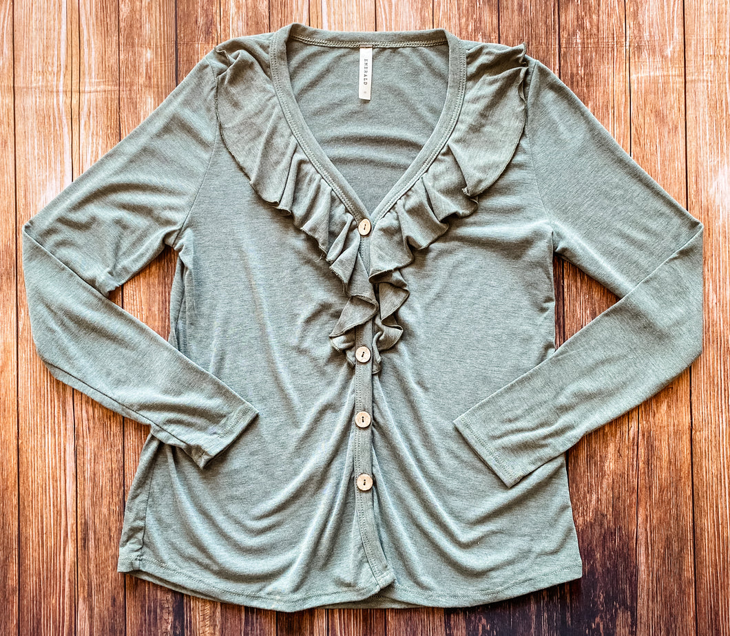 Olive Button Up Top With Front Ruffle