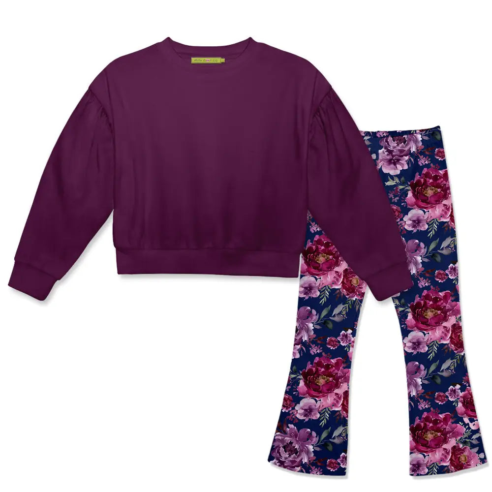Girls Plum Crewneck Sweatshirt & Flare Leggings