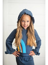Load image into Gallery viewer, Kids Navy Blue Rainbow Hooded Ruffle Sweatsuit Lounge Set
