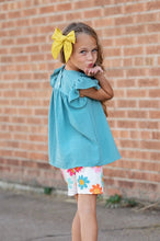 Load image into Gallery viewer, Girls Teal Retro Happy Flower Spring Summer Short Set
