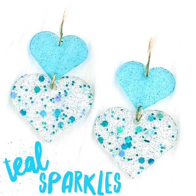 Teal Sparkle Double Hearts - Valentine's Earrings