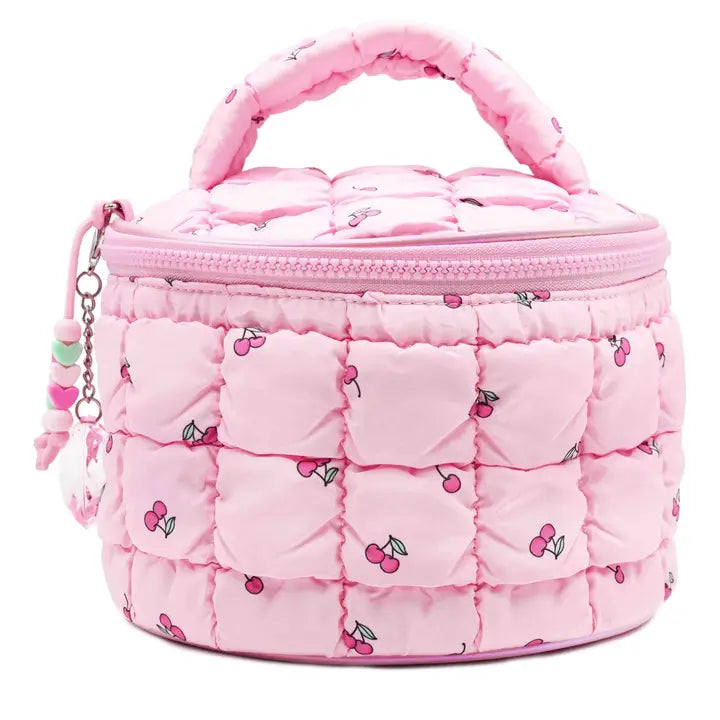 Cherry Print Quilted Scrunchies Round Glam Bag