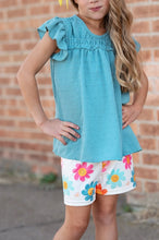 Load image into Gallery viewer, Girls Teal Retro Happy Flower Spring Summer Short Set
