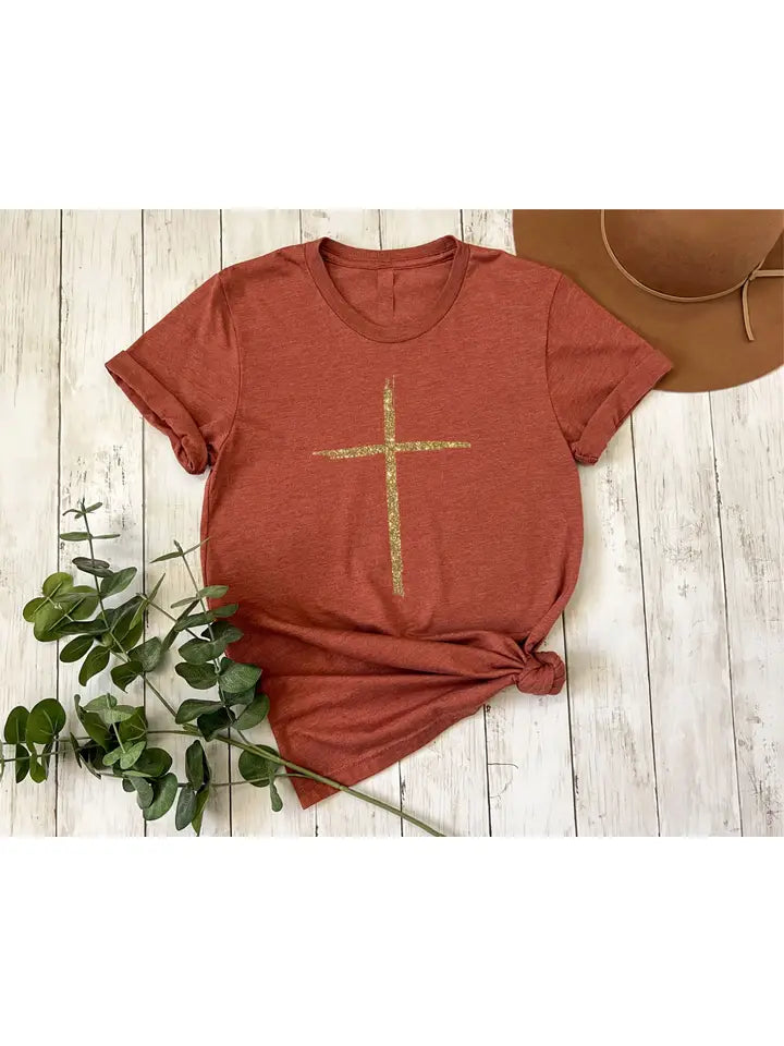 Gold Cross Rust Tultex Faith Fall Everyday Graphic Tee