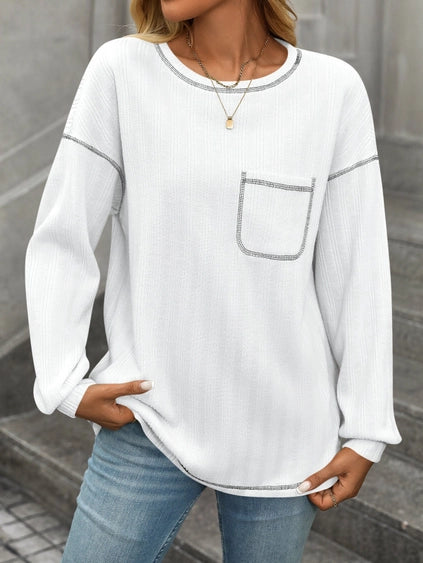 Crew Neck Pocket Casual Loose Top