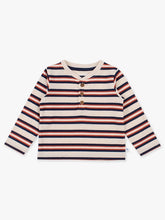 Load image into Gallery viewer, Boys Oatmeal &amp; Rust Stripe Knit Long Sleeve Henley Tee
