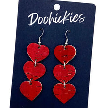 Load image into Gallery viewer, Triple Corkie Heart Drops -Valentine&#39;s Earrings
