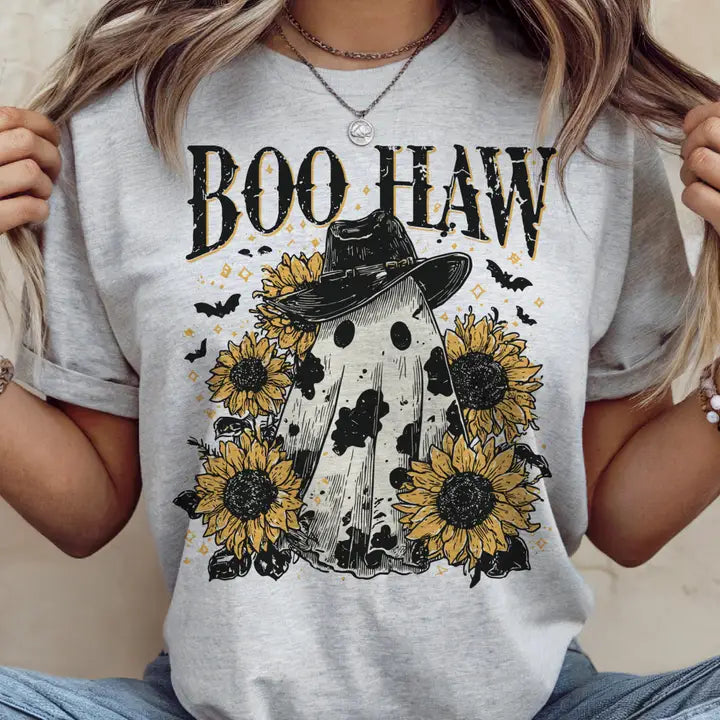 Halloween Western Boo Haw Cow Print Ghost Retro Graphic Tee