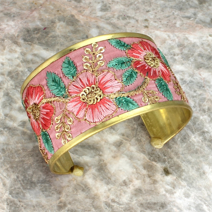 Soft Pink Floral Embordered Cuff Bracelet