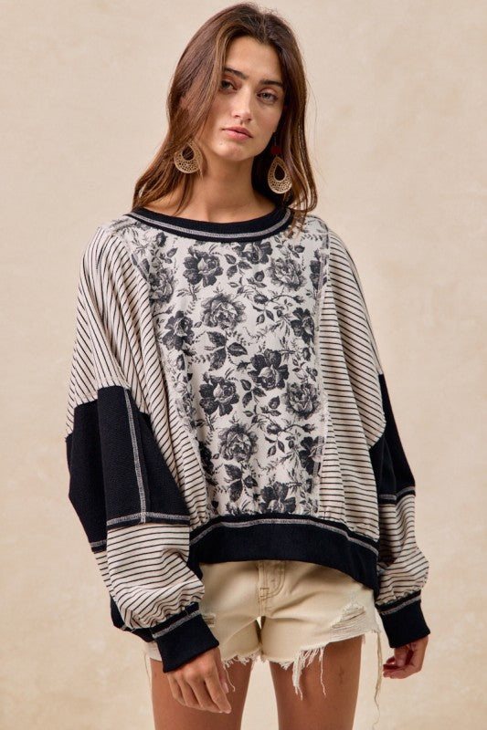 Rose Twill And Stripe Mixed Top