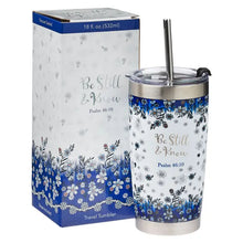 Load image into Gallery viewer, Stainless Steel Travel Mug-White/Navy Floral Be Still Ps. 46:10
