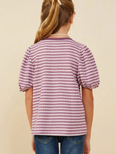 Load image into Gallery viewer, Girls Lavender Puff Sleeve Textured Stripe Knit Top
