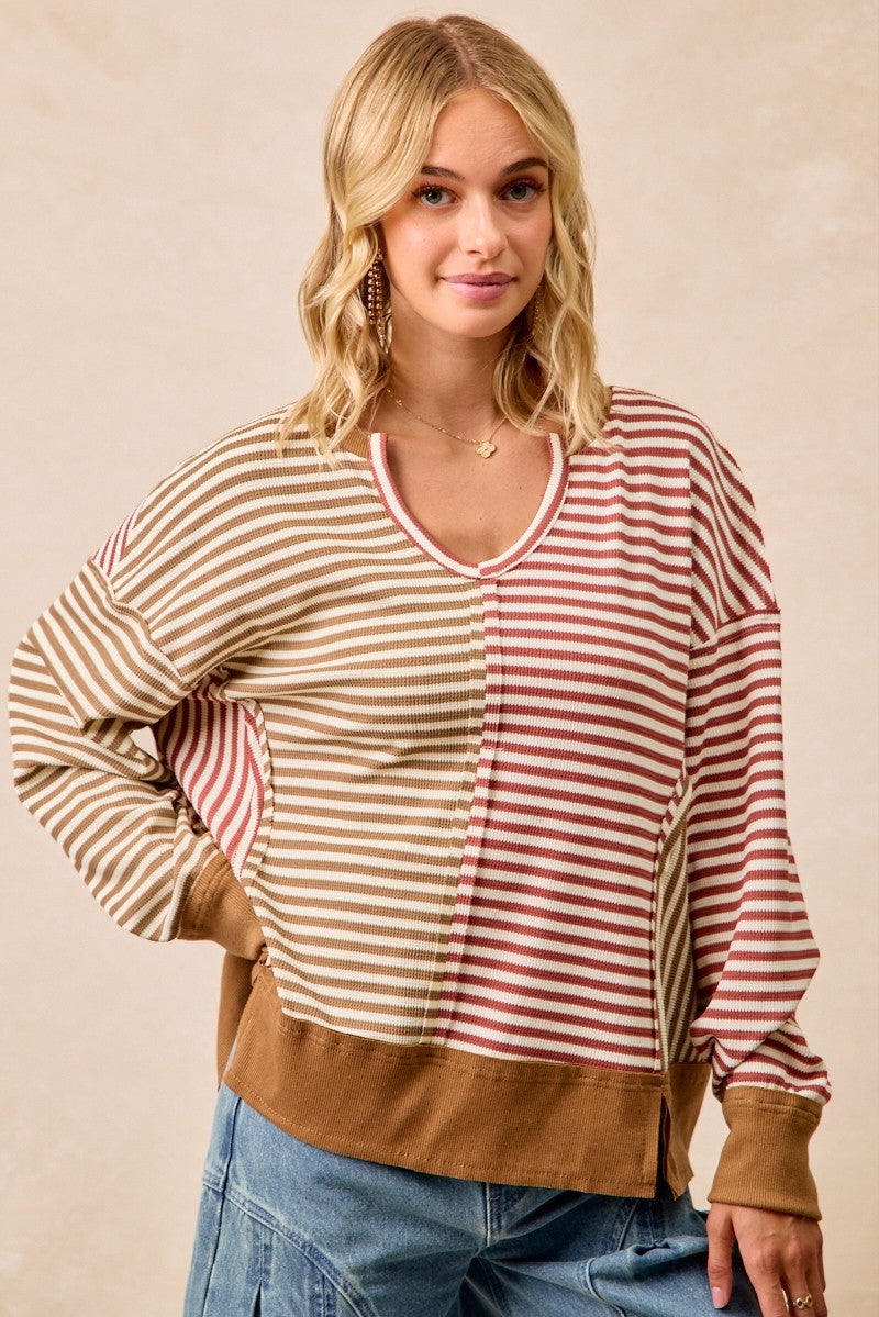 Stripe Thermal Knit Color Block Top With Open Seam