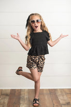 Load image into Gallery viewer, Girls Black Shirred Top &amp; Leopard Print Bow Spring Short Set
