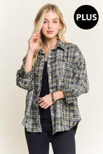 Load image into Gallery viewer, Plus Green Burnout Plaid Washed Button Up
