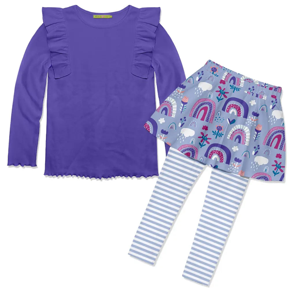 Blue Iris Ribbed Top & Rainbow Skirted Leggings