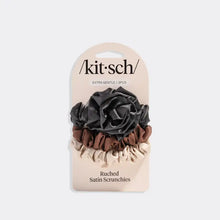 Load image into Gallery viewer, Rosette Ruched Satin Scrunchies 3pc Set - Black
