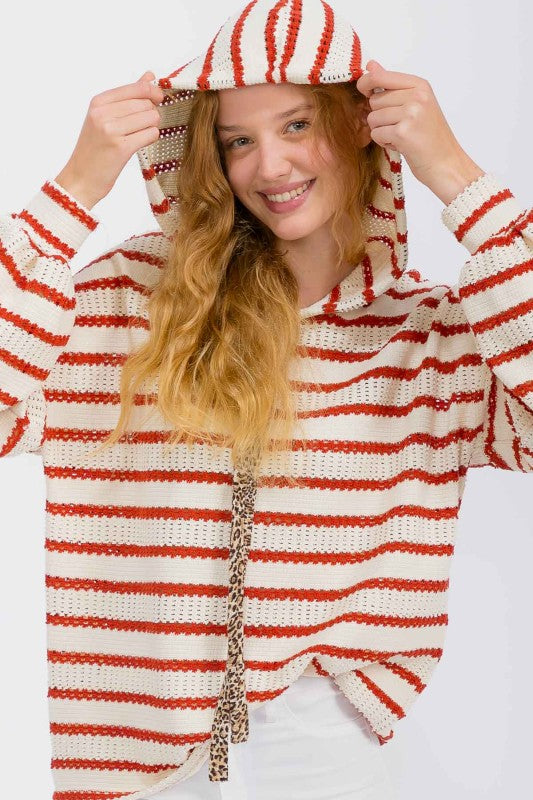 Stripe Knit Animal Contrast Hoodie
