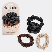 Load image into Gallery viewer, Rosette Ruched Satin Scrunchies 3pc Set - Black
