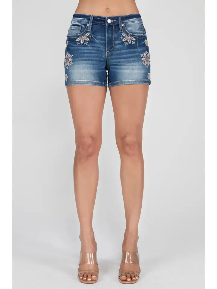 Miss Me® Mid-Rise Denim Shorts with Floral Side Detail