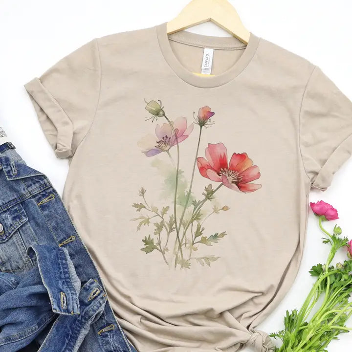 Beige Spring Floral Watercolor Graphic Tee