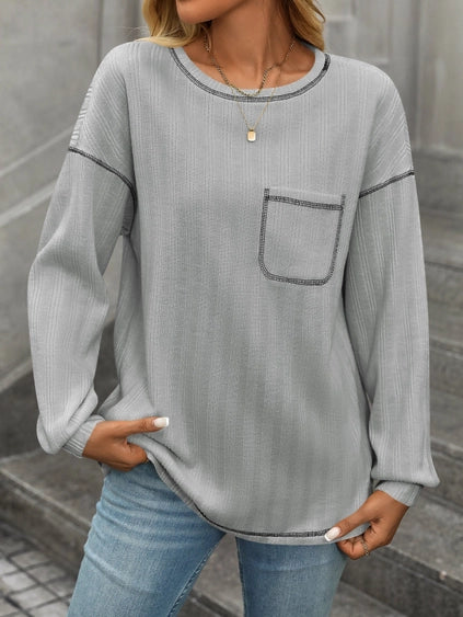 Crew Neck Pocket Casual Loose Top