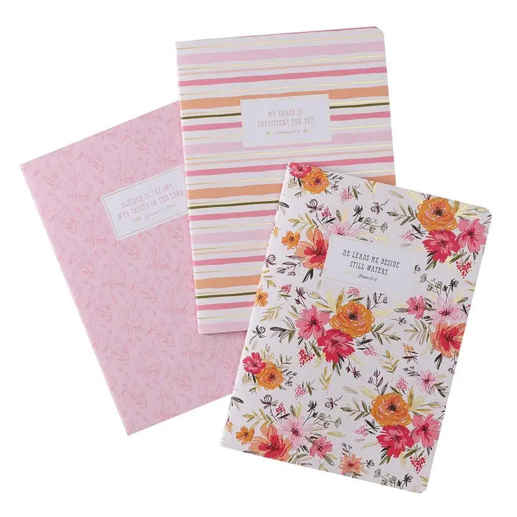 He Leads Me Pink Floral Large Notebook Set