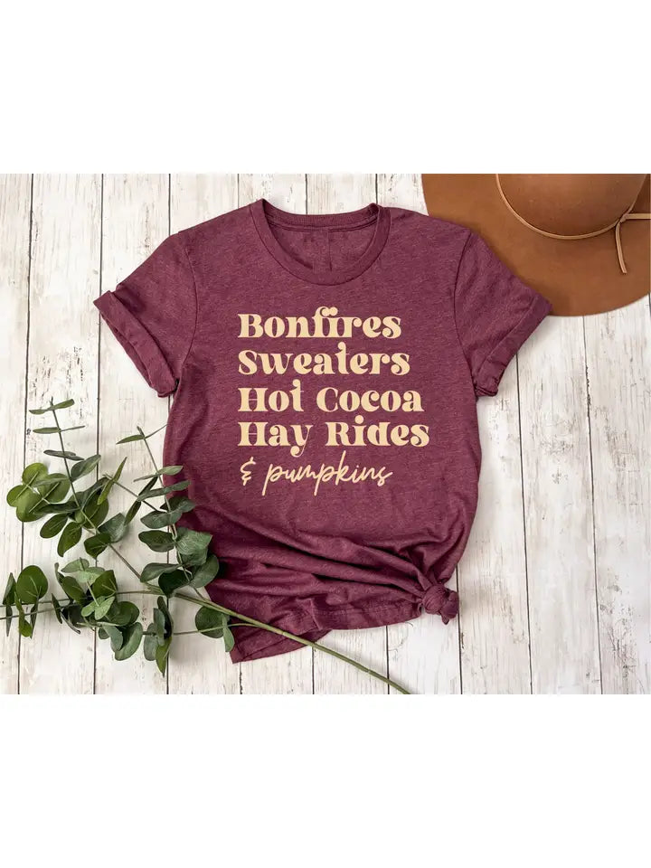 Bonfires Hayrides Heather Maroon Fall Graphic Tee