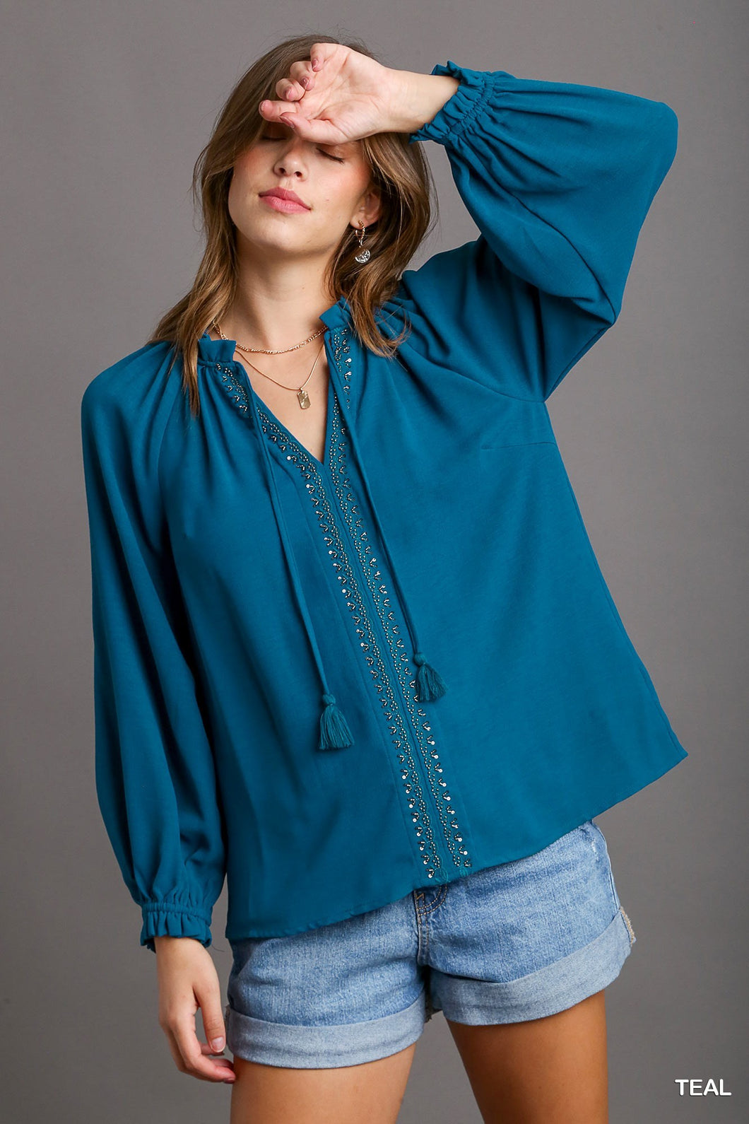 Beaded Blouse with Ruffle Neck & Tie