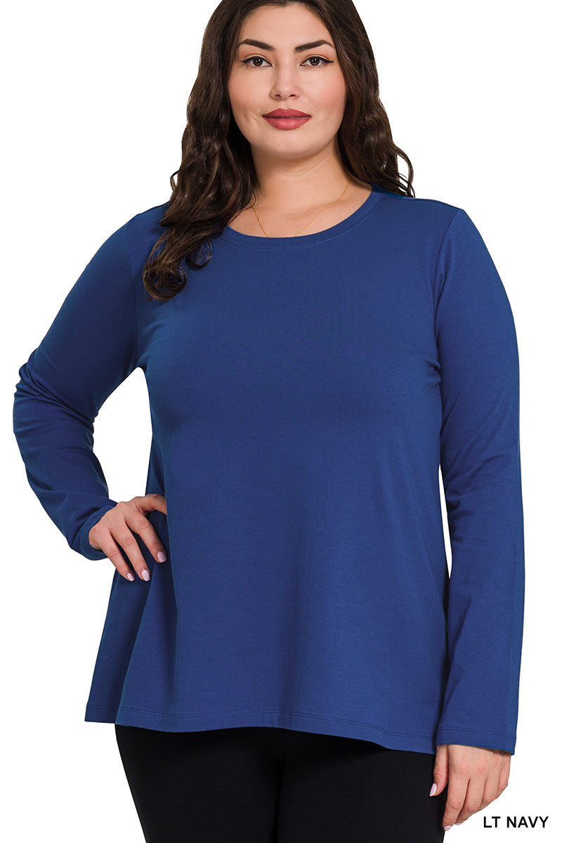 Plus Navy Cotton Crew Neck Long Sleeve T-Shirt