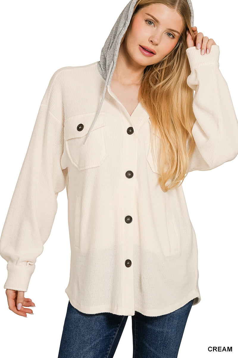 Cream Ribbed Hooded Button Down Shacket