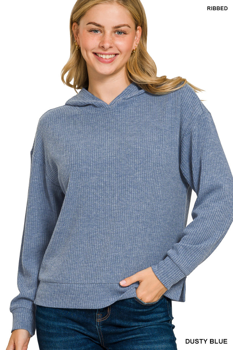 Dusty Blue Ribbed Hoodie Pullover