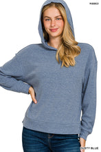 Load image into Gallery viewer, Dusty Blue Ribbed Hoodie Pullover
