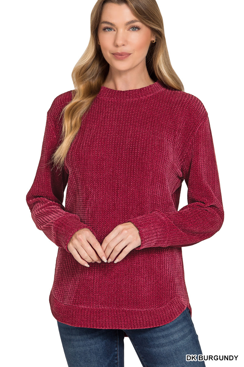 Chenille Waffle Round Neck Sweater - DARK BURGUNDY