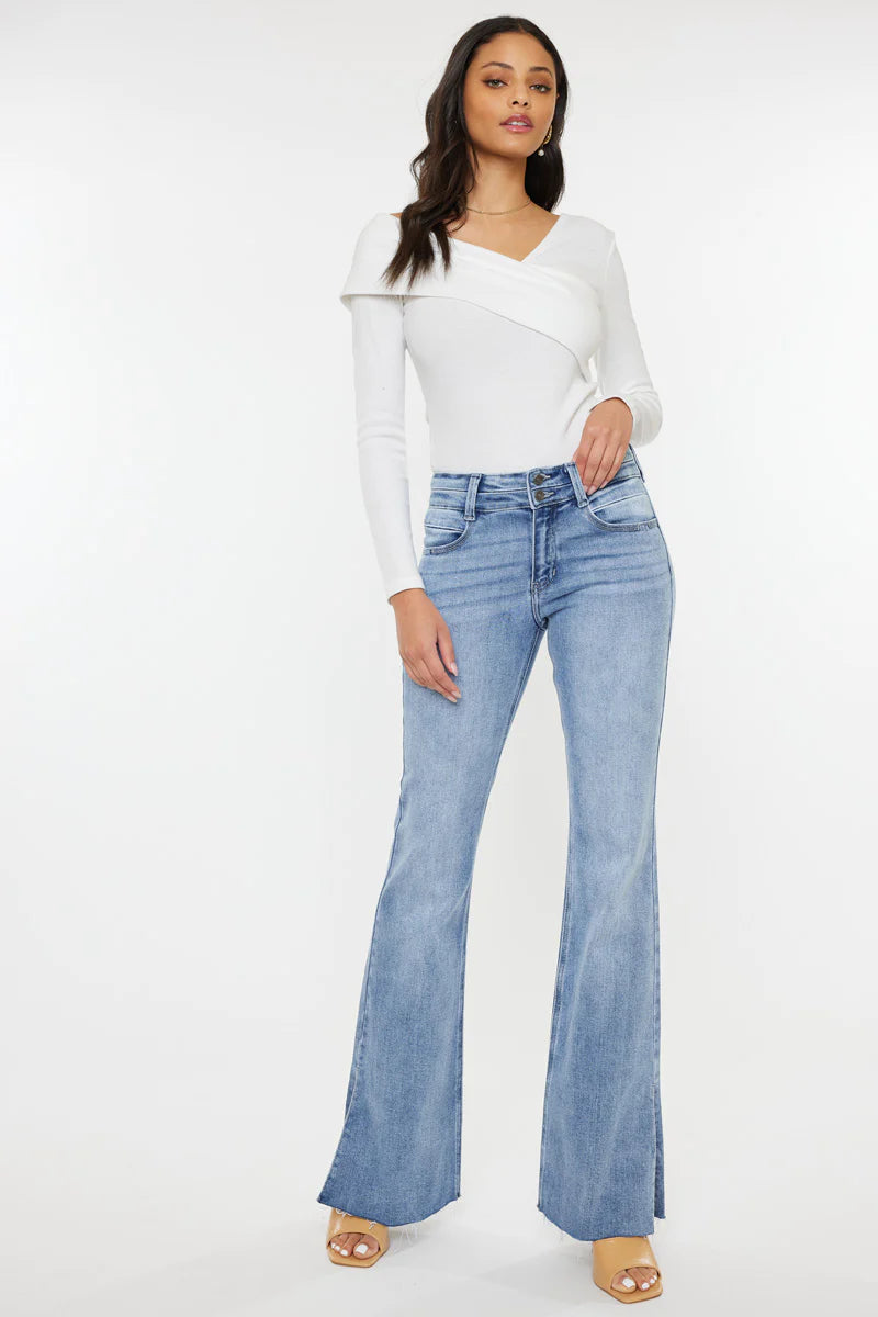 Mid Rise Double Waist Band Flare Jeans