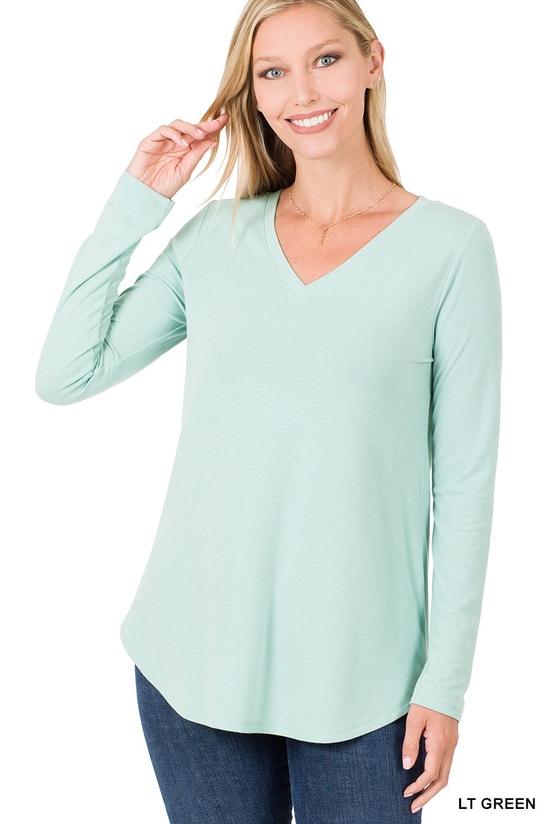 Long Sleeve V-Neck Round Hem Top