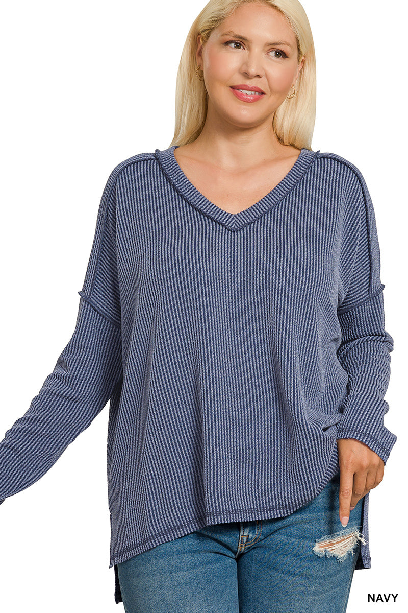 Plus Navy Ribbed Long Sleeve V-Neck Top