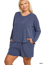 Load image into Gallery viewer, Plus Navy Rib Long Sleeve Tee And Shorts Set
